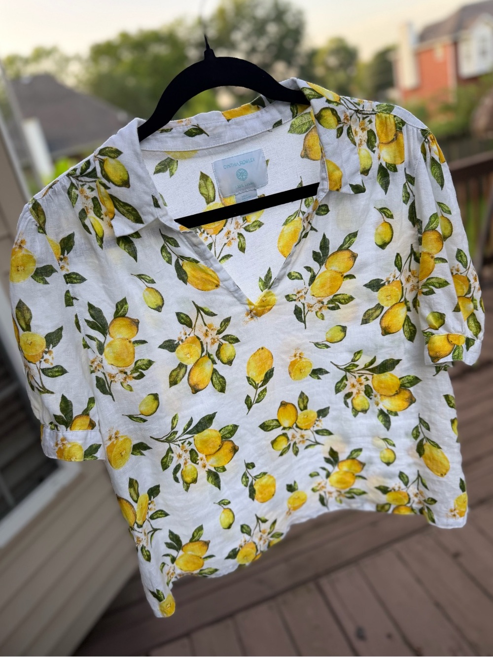 Cynthia Rowley -  White Linen Top with Yellow & Green Lemon Print